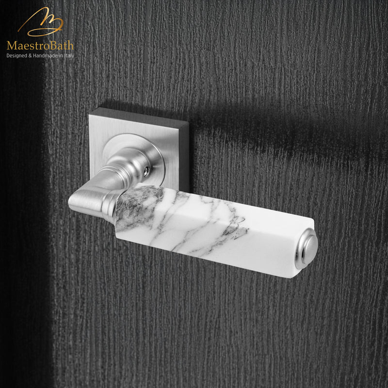 CUBO Marble Door Handle | White/Brushed Chrome