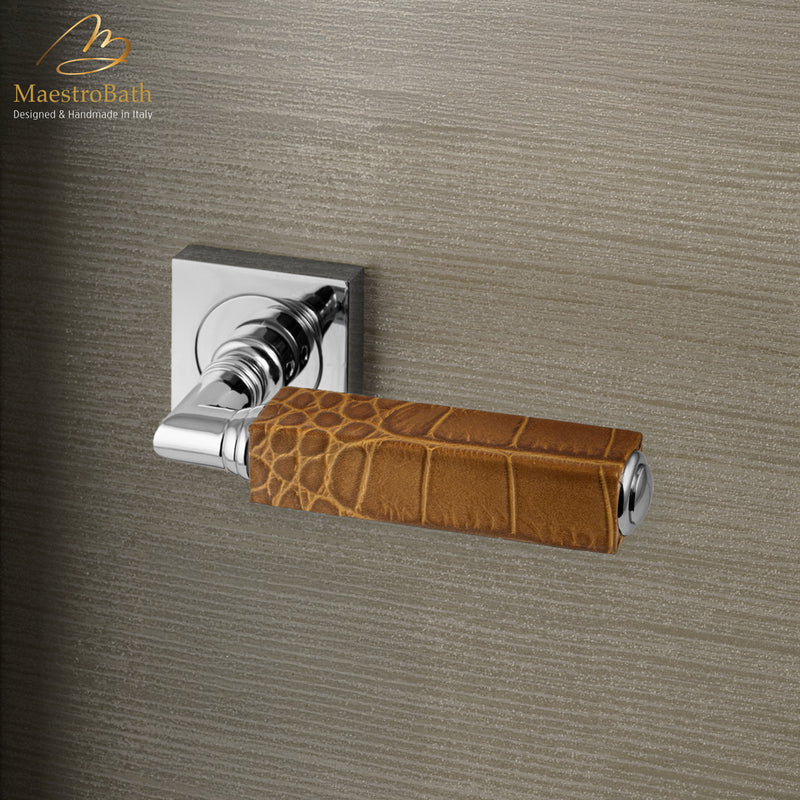 CUBO Leather Door Handle | Caramel/Chrome