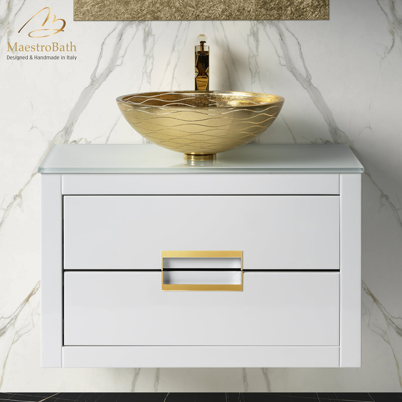 Danya White and Gold Leather Modern Bathroom Vanity 32 Inch