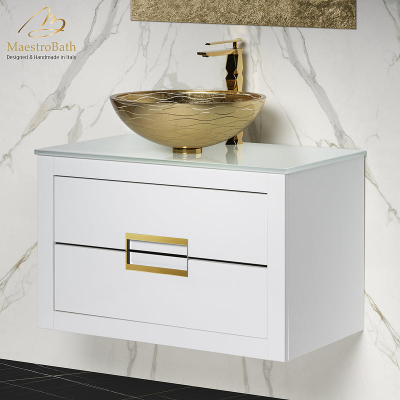 Danya White and Gold Leather Modern Bathroom Vanity 32 Inch