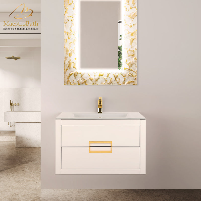 Danya White and Gold Leather Modern Bathroom Vanity 32 Inch