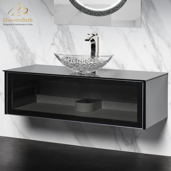 Modern Smoke Grid Glass Bathroom Vanity | Transparent