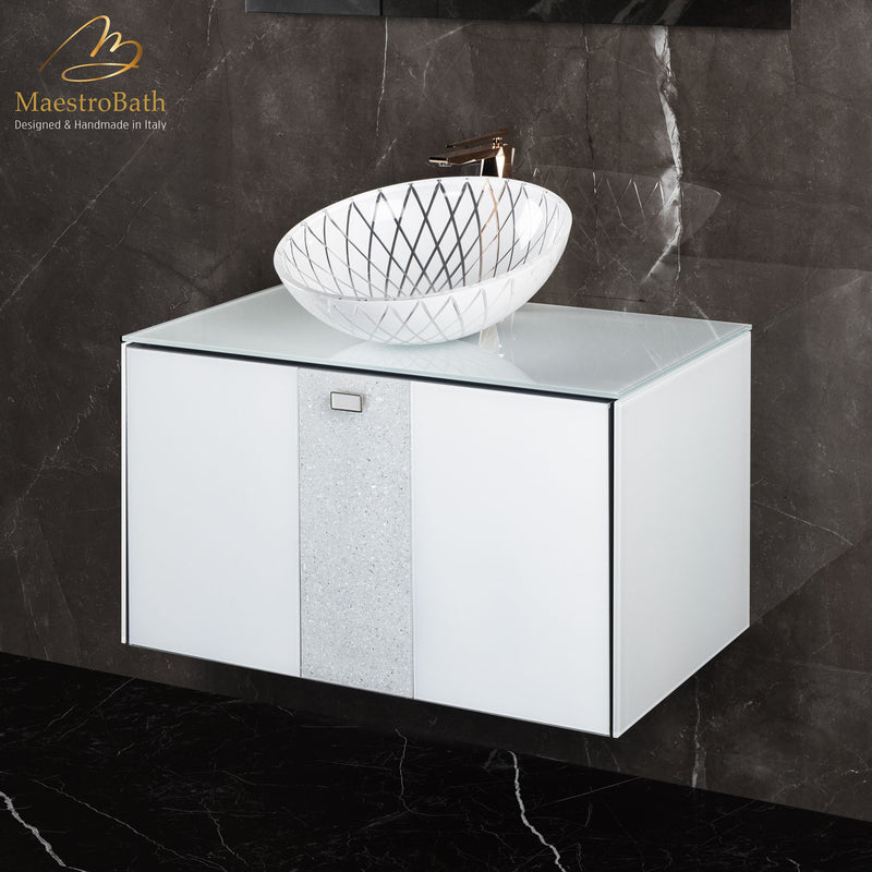 Luxury Crystal Glass Wallmount Bathroom Vanity | White