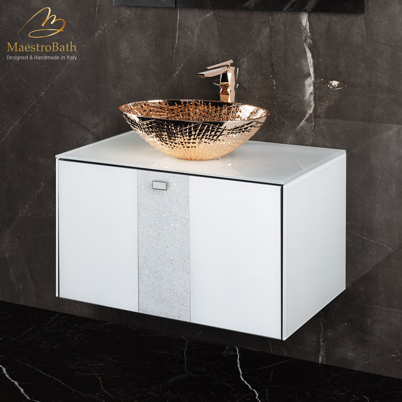 Luxury Crystal Glass Wallmount Bathroom Vanity | White