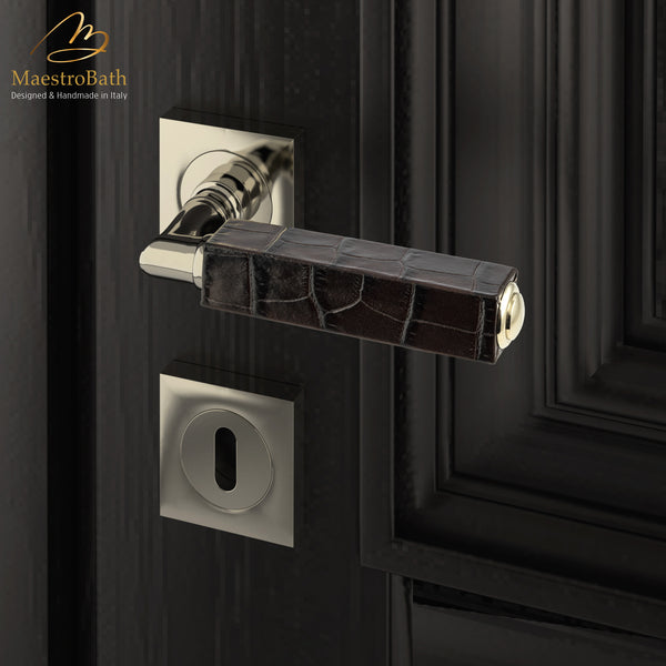 CUBO Leather Door Handle | Dark Brown/Champagne