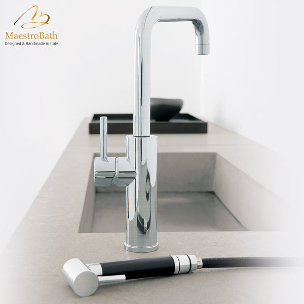 MITU SIDE MONO Brushed Nickel Modern Kitchen Faucet | Pull Out Side Sprayer #color_brushed nickel