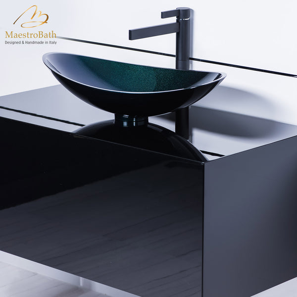 Modern matte black bathroom faucet and black vessel sink combo